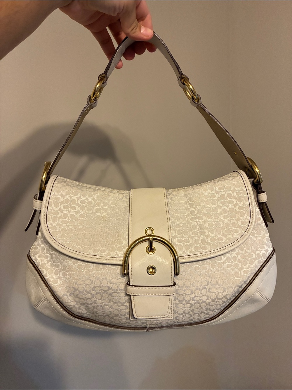 Coach White Soho Flap Shoulder Bag with Brass Hardware
